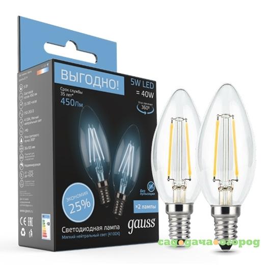 Фото Лампа светодиодная Gauss 103801205P Filament Свеча E14 5W 4100К 2 шт. в упаковке