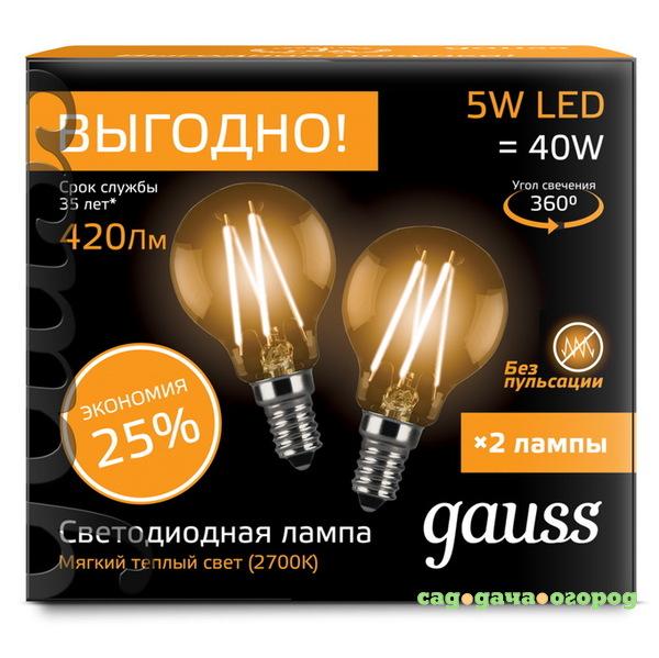 Фото Лампа светодиодная Gauss 105801105P Filament Шар E14 5W 2700К 2 шт. в упаковке