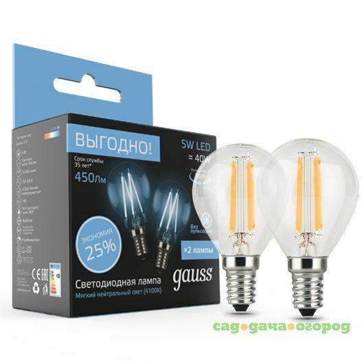 Фото Лампа светодиодная Gauss 105801205P Filament Шар E14 5W 4100К 2 шт. в упаковке