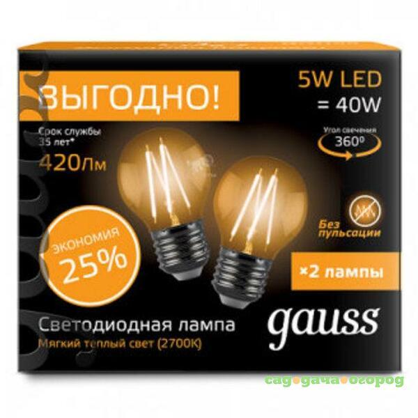 Фото Лампа светодиодная Gauss 105802105P Filament Шар E27 5W 2700К 2 шт. в упаковке