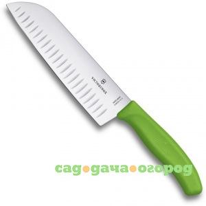 Фото Зеленый нож santoku с рифленым лезвием 17 см в картонном блистере victorinox 6.8526.17l4b