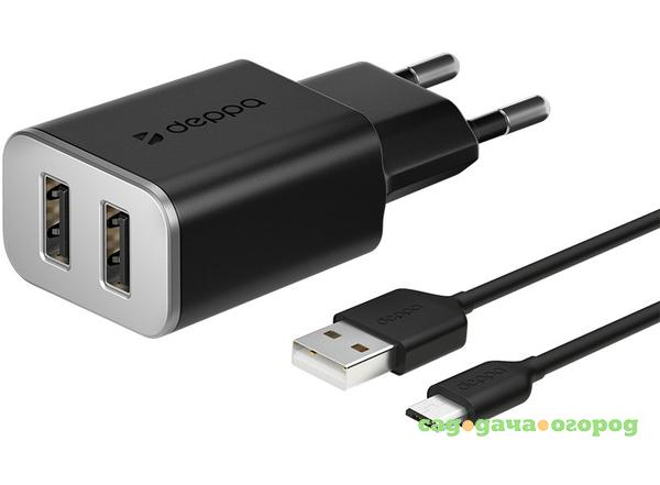 Фото Сетевое зарядное устройство Deppa 2 USB 2,4 А кабель microUSB черный 11381