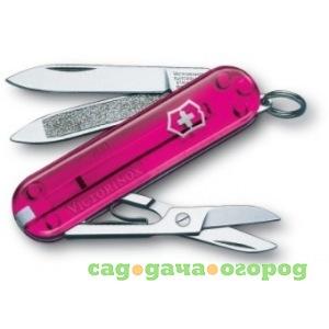 Фото Нож-брелок victorinox classic rose edition 0.6203.t5 58 мм 7 функций, розовый полупрозрачный