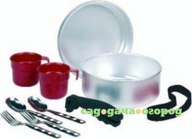 Фото 808 Набор посуды (крышка-миска, чашка, ложка, вилка - по 2 шт, держатель) алюминий Серый