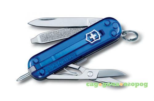 Фото Нож-брелок VICTORINOX, Signature, 5,8 см, 7 функций, синий, полупрозрачный корпус