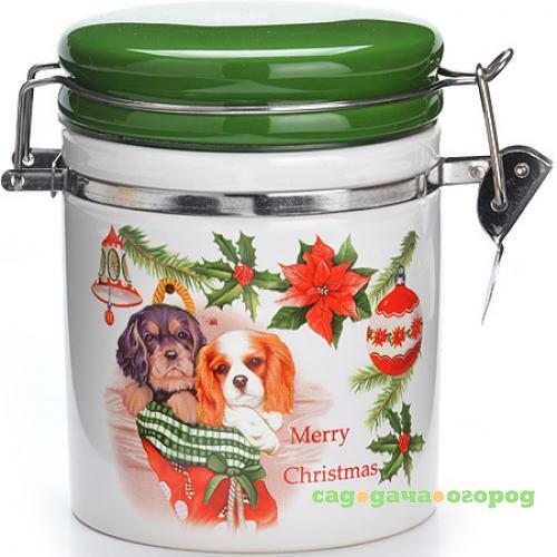 Фото Банка для сыпучих продуктов LORAINE, Собачки, Merry Christmas, 1,08 л, зеленая крышка