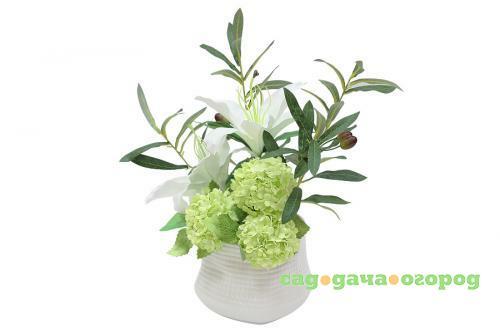 Фото Декоративные цветы Dream Garden, Лилии белые и гортензии, 39*26*36 см, в керамической вазе