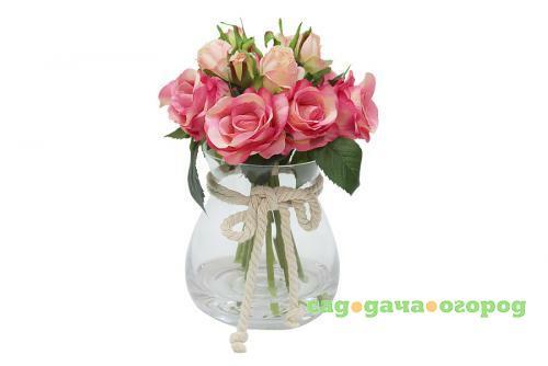 Фото Декоративные цветы Dream Garden, Розы темно-розовые, 22*22*26 см, в стеклянной вазе