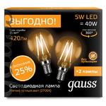 фото Лампа светодиодная Gauss 105801105P Filament Шар E14 5W 2700К 2 шт. в упаковке